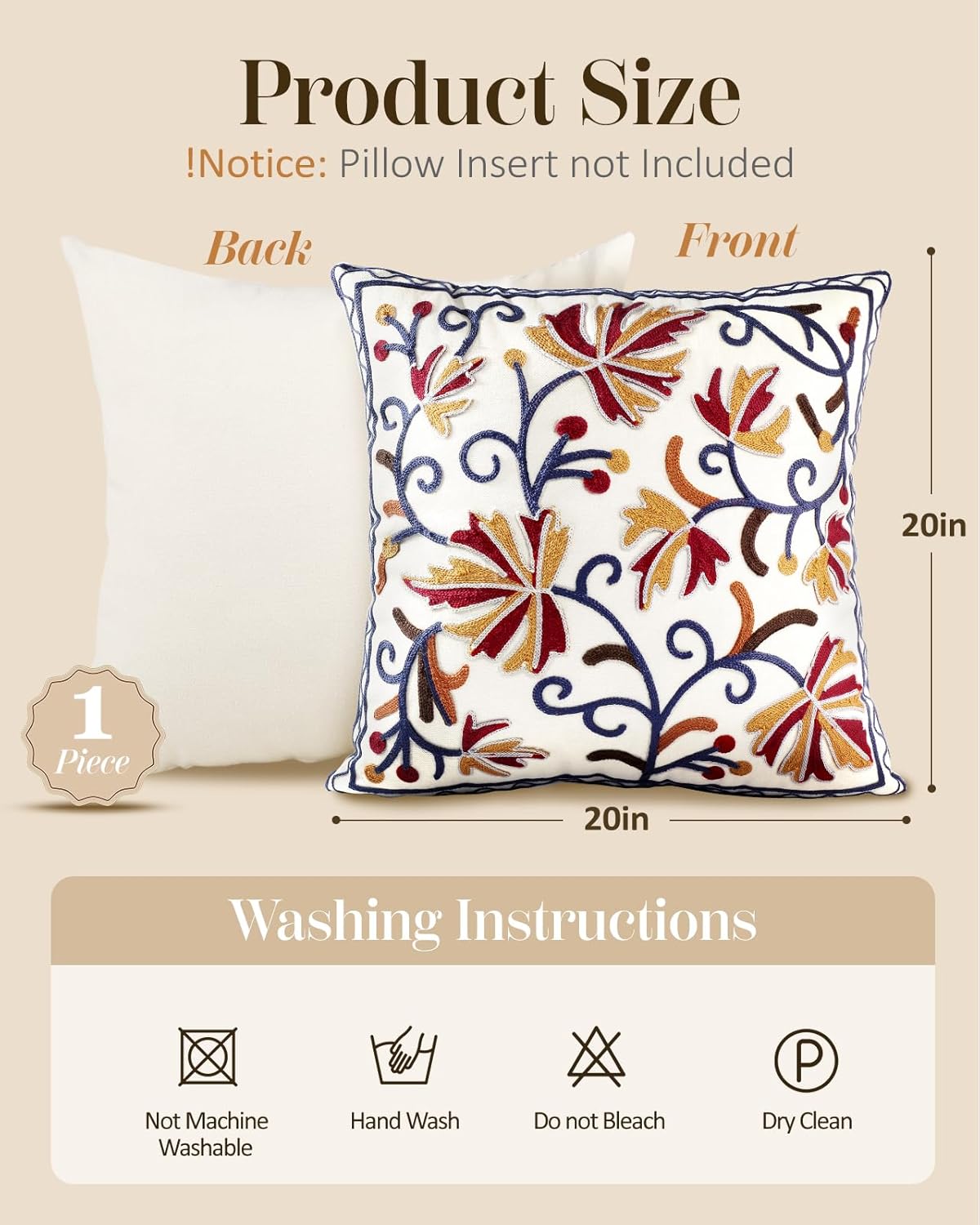 Embroidered Throw Pillow Cover - 20x20 Decorative Pillow Cover with Zipper Aesthetic Cute Design Boho Spring Summer Throw Pillowcase for Living Room Couch Sofa Bed, Fall Flower